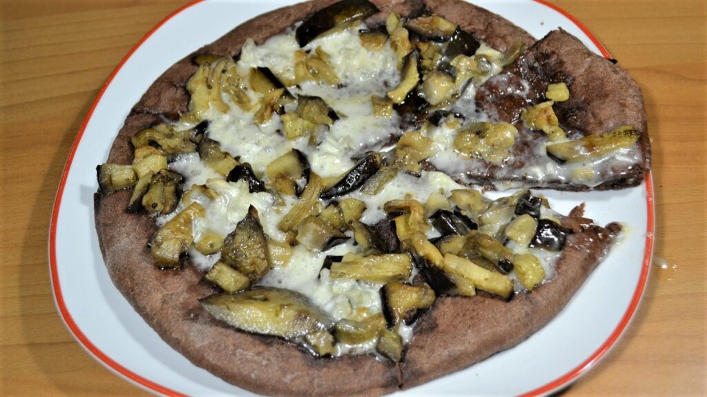 Chocolate pizza with fried aubergines and gorgonzola cheese - chef recipes so tasty and healthy